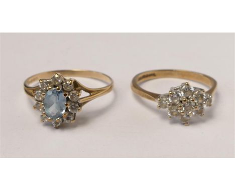 A 9ct gold blue stone and CZ cluster ring, o and a 9ct gold and white stone ring, K 1/2, 3.5gm 