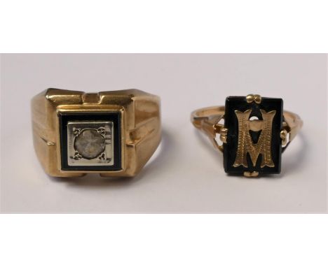 A 9ct gold onyx and white stone signet ring, S and a 9ct gold and onyx initial M ring, K, 7.2gm