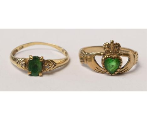 A 9ct gold and green stone Claddagh ring, M and a 9ct gold emerald and diamond ring, N 3.1gm 