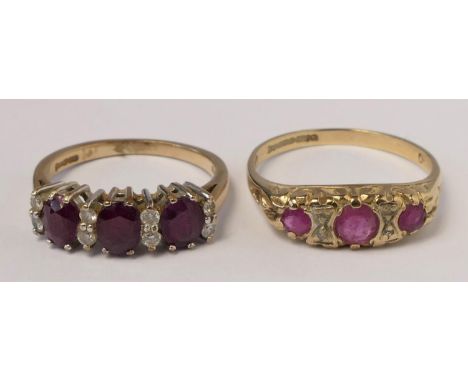 A 9ct gold three stone ruby ring with brilliant cut diamonds between, M and a 9ct gold Edwardian style ruby and diamond ring 