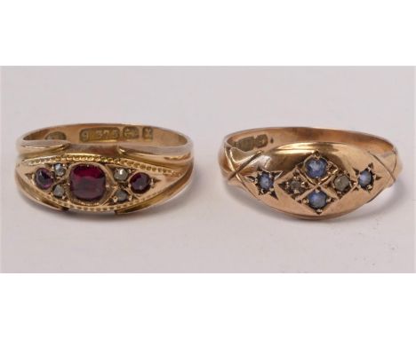 An Edwardian 9ct rose gold, rose diamond and sapphire ring, date letter worn, O, a Victorian 9ct rose gold red stone and rose