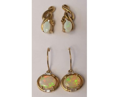 Two pairs of opal and diamond ear rings, 4.4gm