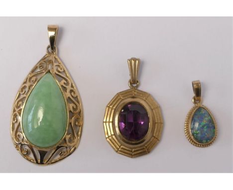 A 9ct gold and jade (untested) pendant, a 9ct gold opal triplet pendant and a another pendant, 8.6gm.