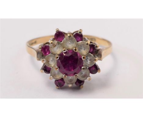 Two 9ct gold, synthetic ruby and paste cluster rings, R and O, 4.4gm 