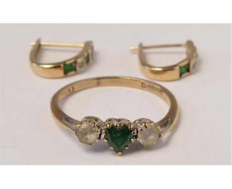 An emerald and diamond pair of ear studs and a 9ct gold emerald and white stone ring, M,2.4gm 