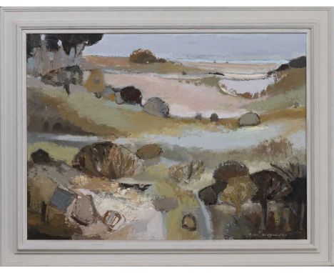 * ANN WEGMÜLLER RSW RWS RGI (SCOTTISH b. 1941), LANDSCAPE oil on board, signedframedimage size 60cm x 82cm, overall size 74cm