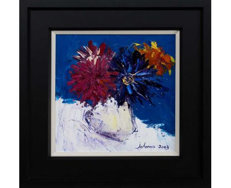 * JOHN LOWRIE MORRISON OBE (JOLOMO) (SCOTTISH b. 1948), BIG GERBERAS oil on canvas, signed and dated 2003, titled versoframed