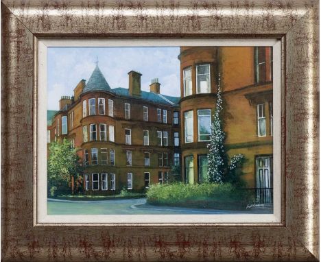 * FIONA C GRAHAM, RED TENEMENTS, GLASGOW acrylic on board, signed, titled versoframed and under glassimage size 34cm x 44cm, 