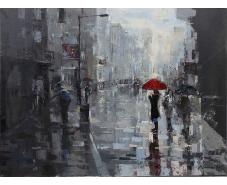 * EWA CZARNIECKA (POLISH b. 1975), RED UMBRELLA oil on canvas, signed and dated 2011unframedoverall size 76cm x 102cm Note: E