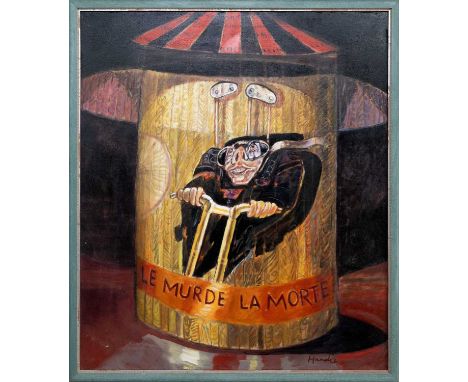 JAMES HARDIE (SCOTTISH 1938 - 2024), WALL OF DEATH oil on canvas, signed, titled label verso framedimage size 108cm x 92cm, o