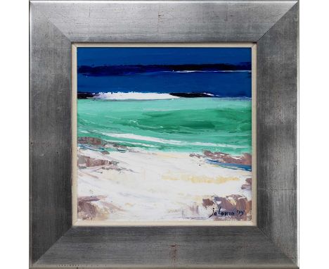 * JOHN LOWRIE MORRISON OBE (JOLOMO) (SCOTTISH b. 1948), BEACH AND STORM ISLAND, IONA oil on board, signed and dated '99, titl
