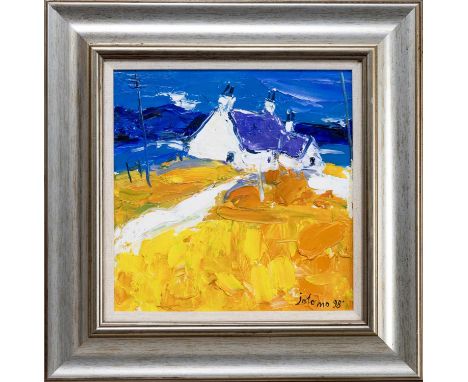 * JOHN LOWRIE MORRISON OBE (JOLOMO) (SCOTTISH b. 1948), HOT DAY, CRINAN oil on board, signed and dated '98, titled versoframe