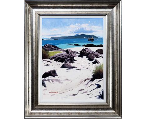 FRANK COLCLOUGH (SCOTTISH 1941 - 2023), NORTH BEACH IONA TO MULL & BEN MORE oil on board, signed, titled versoframed and unde