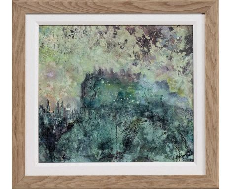 * IONA LEISHMAN, WILD CASTLE  oil on board, signed, titled versoframedimage size 31cm x 34cm, overall size 41cm x 44cm Note: 