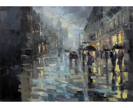 * EWA CZARNIECKA (POLISH b. 1975), BROLLIES IN THE EVENING MIST oil on canvas, signed and dated 2010unframedoverall size 77cm