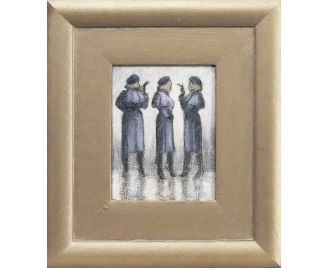 * GEOFFREY ROPER (BRITISH  1942 - 2020), THE TRENCHCOAT oil on board, titled label versoframed image size 22cm x 17cm, overal