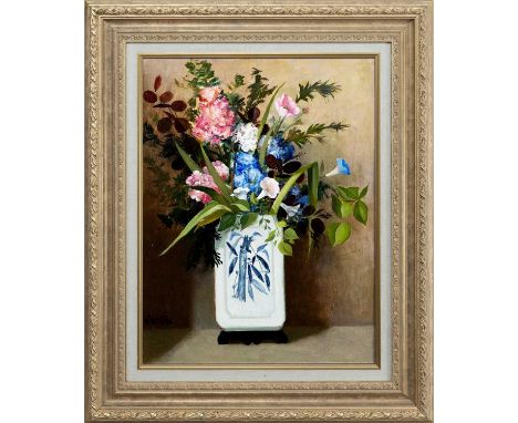 * WILLIAM CROSBIE RSA RGI (SCOTTISH 1915 - 1999), FLOWERS IN A CHINESE VASE oil on panel, signed, titled versoframed and unde