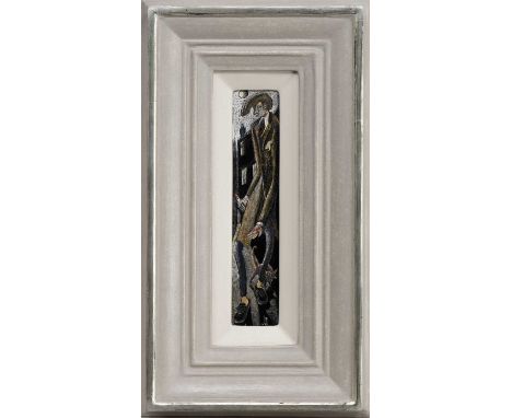* JOHN BYRNE RSA (SCOTTISH 1940 - 2023), TEDDY BOY WITH CAT oil on board, initialledframedimage size 23cm x 5cm, overall size
