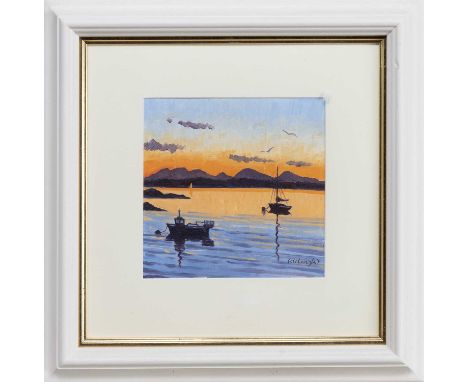 FRANK COLCLOUGH (SCOTTISH 1941 - 2023), SUNSET OVER RHUM oil on board, signed, titled versomounted, framed and under glassima