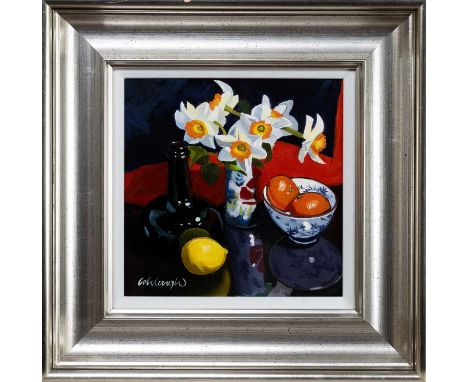 FRANK COLCLOUGH (SCOTTISH 1941 - 2023), SPRING FLOWERS & FRUIT oil on board, signed, titled versoframed and under glassimage 