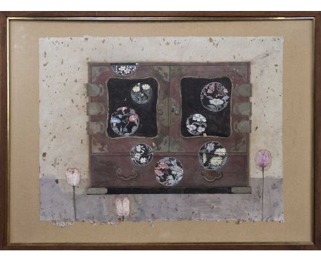 * BEL COWIE, CHINESE CUPBOARD watercolour on paper, signed and dated '83, titled label versomounted, framed and under glass (