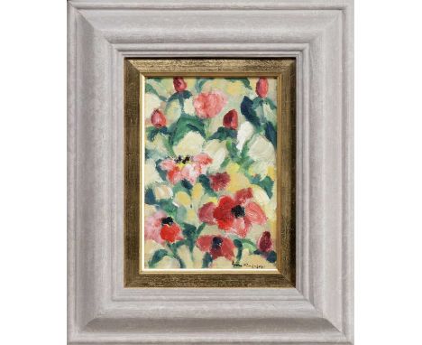* ANNE MENDELOW (SCOTTISH b. 1947), PINK AND RED FLOWERS oil on board, signedframed and under glassimage size 23cm x 16cm, ov