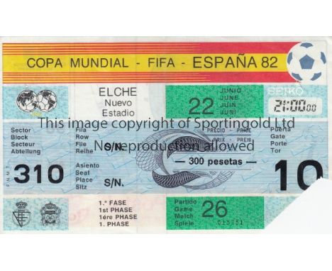 WORLD CUP 1982       Original ticket for Belgium v Hungary at Nuevo Estadio, Elche, Match 26, 22nd June. Very slightly crease