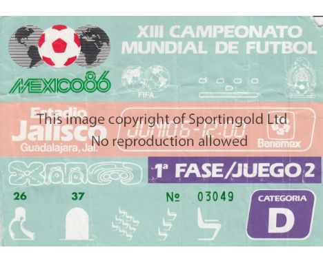 WORLD CUP 1986     Original ticket for Brazil v Algeria at Estadio Jalisco, Guadalajara, 1st phase / Match 2, 6th June. Sligh