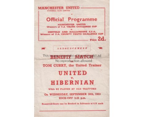 MANCHESTER UNITED YOUTH 1953    Very scarce Manchester United four page home programme, Manchester United Youth v Sheffield a