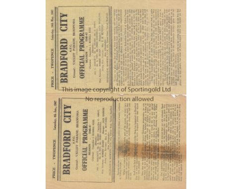 BRADFORD CITY  Two Bradford City home 4 Page programmes from the 1946/47 season v Barrow (Tape/frayed edges) and Doncaster Ro