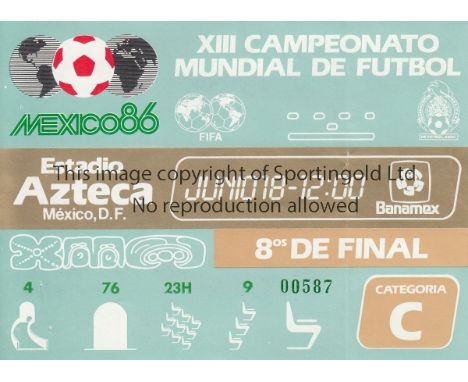 WORLD CUP 1986     Original ticket for England v Paraguay at Estadio Azteca, Mexico City Round of 16, 18th June. Very slight 