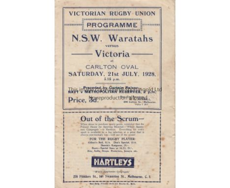 AUSTRALIAN RUGBY 1928   Victorian Rugby Union programme, Victoria v N.S.W. Waratahs, 21/7/1928 at Carlton Oval, Melbourne, Th