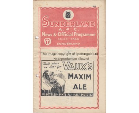 SUNDERLAND - WATFORD 1938   Sunderland home programme v Watford, 8/1/1938, FA Cup, fold and two punch-holes with only slight 