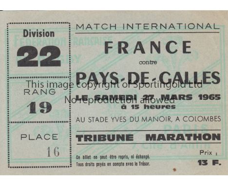 RUGBY FRANCE-WALES 65    Match ticket for Rugby international , France v Wales, 27/3/65 at Stades Colombes. France won the ma