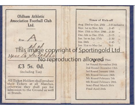 OLDHAM ATHLETIC SEASON TICKET     Season ticket card with fixture list for 1947/8.   Good