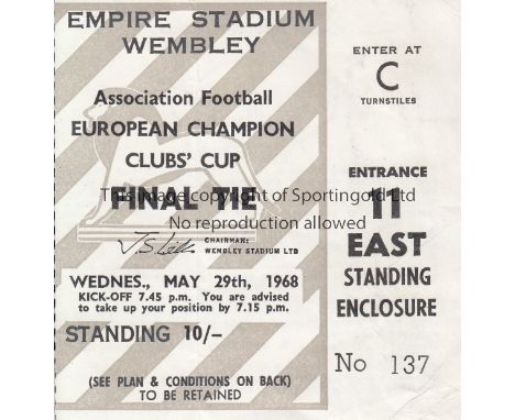 1968 EUROPEAN CUP FINAL     Standing ticket for Manchester United v. Benfica, Turnstile C, Entrance 11. Slight vertical creas
