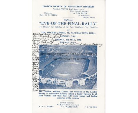 EVE OF FINAL   Programme for the Eve of Final Rally 2nd May 1958 at St Pancras Town Hall, London to honour the officials of t