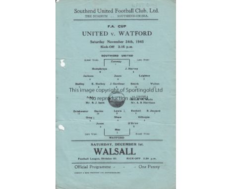 SOUTHEND - WATFORD 45  Single sheet Southend home programme v Watford, 24/11/45, FA Cup 1st round , second leg. Watford won 3