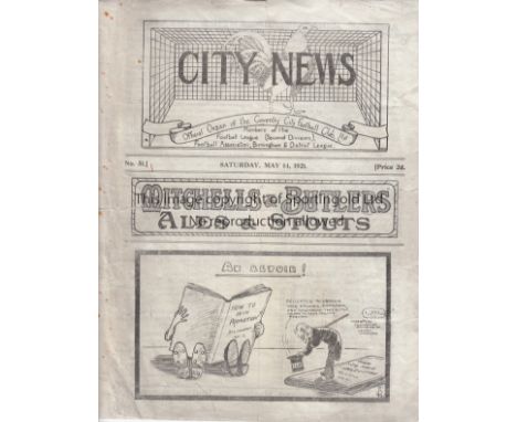 COVENTRY CITY 1920-21  Official four page Coventry City large format programme for the Coventry Nursing Cup Final , 14/5/1921