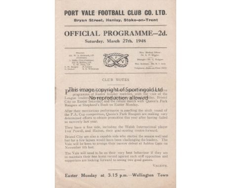 PORT VALE   Programme Port Vale v Bristol City 27th March 1948. Light rusting at staple. No writing. Generally good    