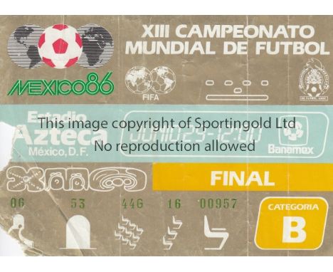 WORLD CUP 1986     Original ticket for Argentina v West Germany at Estadio Azteca, Mexico City Final, 29th June. Creased and 