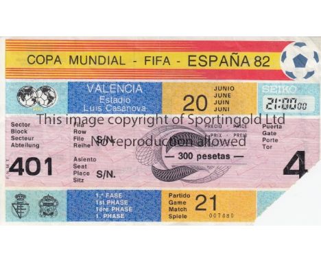 WORLD CUP 1982       Original ticket for Spain v Yugoslavia at Estadio Luiz Casanova, Valencia, Match 21, 20th June. Slightly