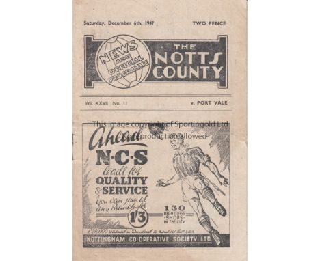 NOTTS COUNTY   Programme Notts County v Port Vale 6th December 1947.  Light horizontal fold. No writing.     Fair to generall