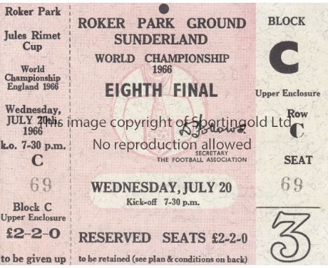 WORLD CUP 66-SUNDERLAND     Match ticket, complete with counterfoil, Soviet Union v Chile, 20/7/66 at Roker Park, Sunderland,