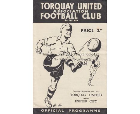 TORQUAY   Programme Torquay United v Exeter City 6th September 1947. Light vertical fold. Team changes in pencil. Generally g