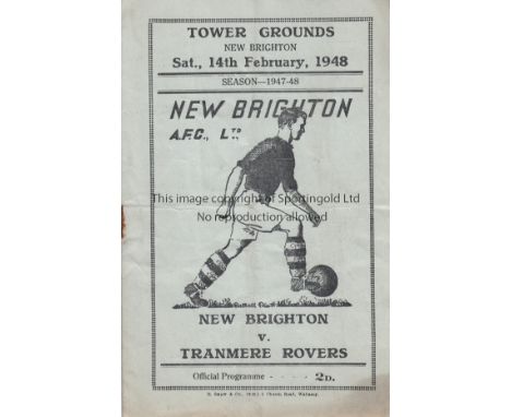 NEW BRIGHTON / TRANMERE   Programme New Brighton v Tranmere Rovers 14th February 1948. Rusty staple. Light horizontal fold. N