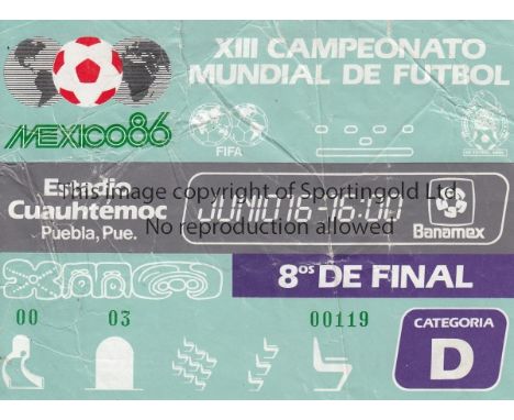 WORLD CUP 1986     Original ticket for Argentina v Uruguay at Estadio Cuauhtemoc, Puebla Round of 16, 16th June. Creased and 