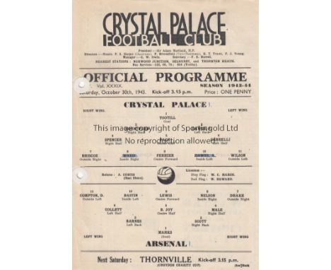 CRYSTAL PALACE-ARSENAL 43  Single sheet Crystal Palace v Arsenal, 30/10/43, small tear along fold, punch-holes (print not aff