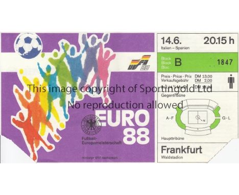 EURO 1988     Original ticket for Italy v Spain 14/6/1988 in Frankfurt. Slightly creased.   Generally good