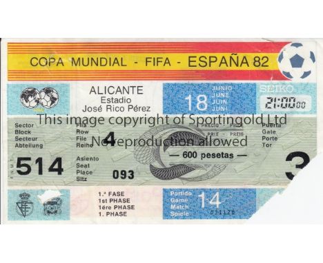 WORLD CUP 1982       Original ticket for Argentina v Hungary at Estadio Jose Rico Perez, Alicante, Match 14, 18th June. Sligh